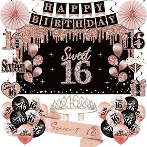 ✨ Sweet 16 Birthday Decorations Rose Gold & Black